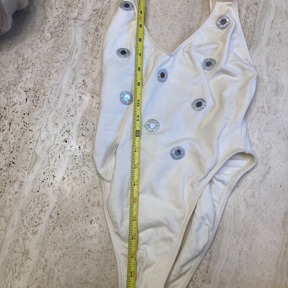 Off-White One Piece Bathing Suit With Round Reflective Embellishments on Front - Picture 4 of 6